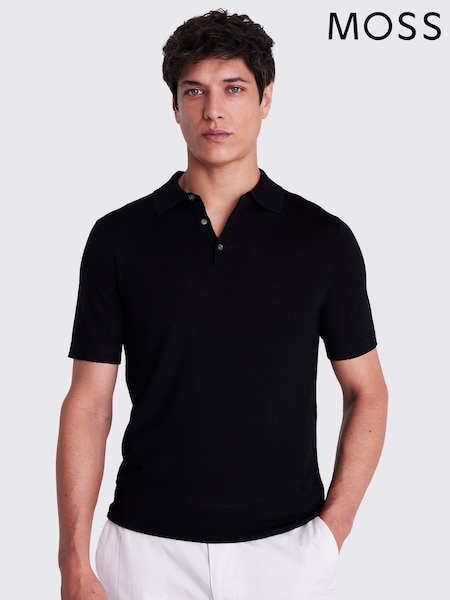 أسود - MOSS Merino Knitted Polo Shirt (F63239) | ‏291 د.إ.‏