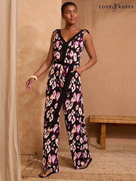 Love & Roses Black Animal Print Petite Jersey Belted Jumpsuit (F63265) | €71