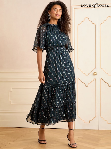 Love & Roses Teal Daisy Metallic Angel Sleeve Midi Dress (F63266) | OMR44