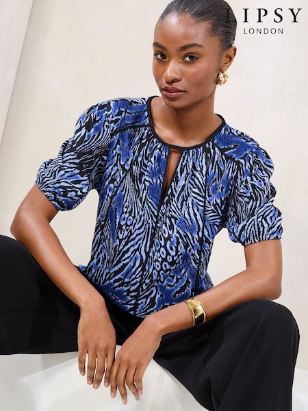 Lipsy Blue Short Sleeve Printed Crinkle Top (F63276) | €40