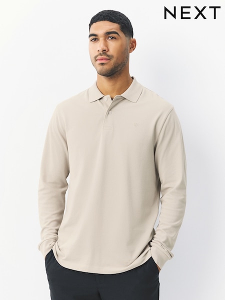 Ecru Oatmeal Regular Fit Long Sleeve Pique Polo Shirt (F63281) | AZN 49