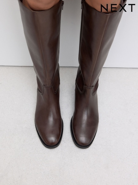 Chocolate Brown Leather Standard/Wide Fit Forever Comfort® Knee High Flat Rider Boots (F63590) | €91