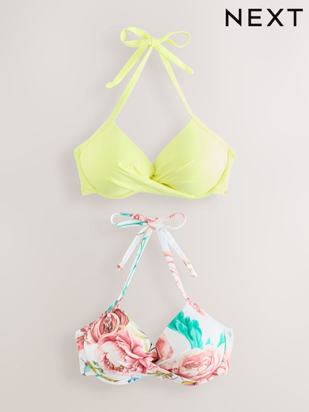 White Floral/Lime Print Padded Wired Bikini Tops 2 Pack (F63602) | €45