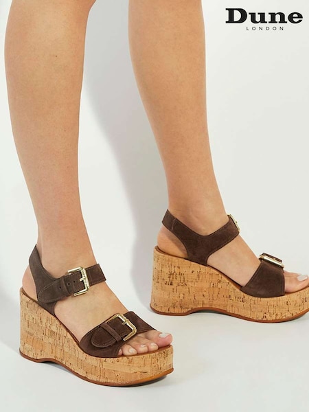 Dune London Brown Kamia Strap Buckle Wedge Heel Sandals (F63669) | $142