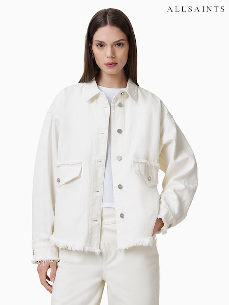 AllSaints White Hettie Fray 100% Cotton Shacket (F64193) | €203