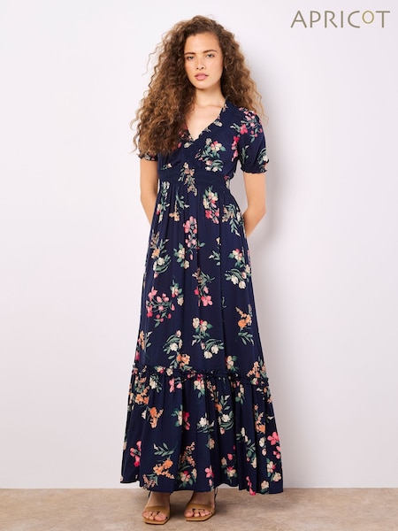 Apricot Blue Floral Watercolour Floral Smock Maxi Dress (F64299) | €63
