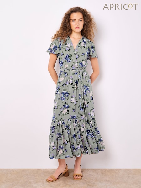Apricot Green Painterly Roses Wrap Dress (F64300) | €63