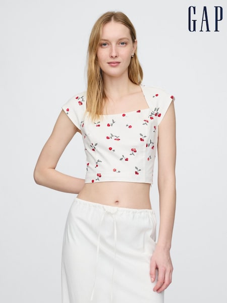 Alb cu model cireașă - Bluză scurtă cu mânecă tip capac din amestec de in Gap Heavyweight (F64369) | 298 LEI
