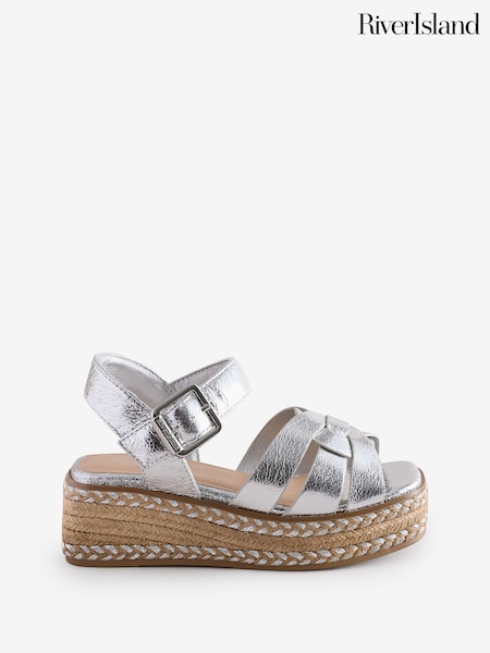 River Island Silver Girls Faux Leather Weave Wedge Sandals (F64555) | €37