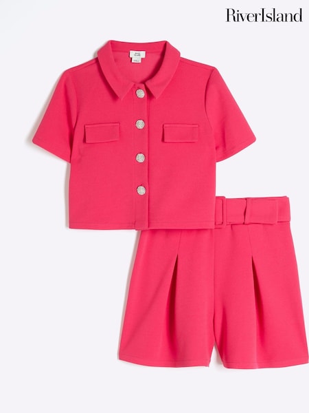 River Island Pink Girls 100% Cotton Scuba Belted Shorts Set (F64561) | €46