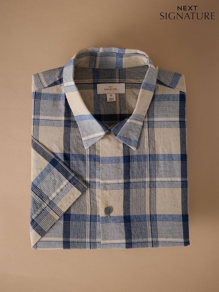 Neutral/Navy Check Regular Fit Short Sleeve Seersucker Shirt (F64566) | €53