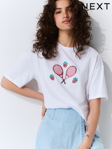 White Short Sleeve Embellished Tennis T-Shirt (F64568) | R$ 210
