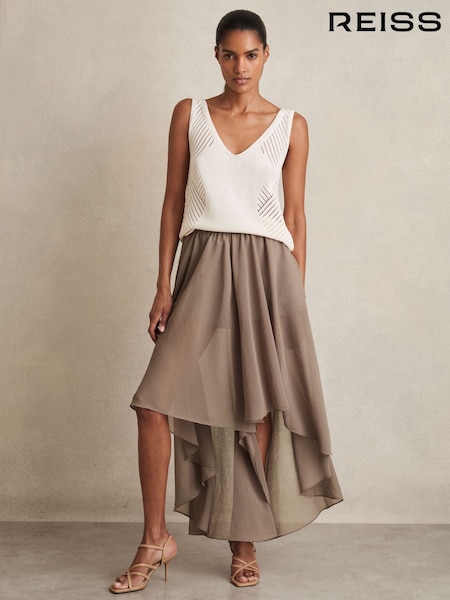 Reiss Mink Neutral Lucie Petite Sheer-Overlay High-Low Shorts (F64576) | €220
