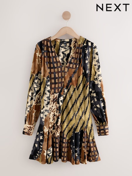 Brown Spliced Animal Print Long Sleeve A-Line Mini Dress (F64640) | €45
