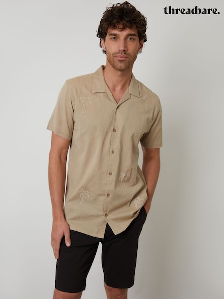 Threadbare Natural Linen Blend Palm Embroidered Short Sleeve Shirt (F64732) | €34