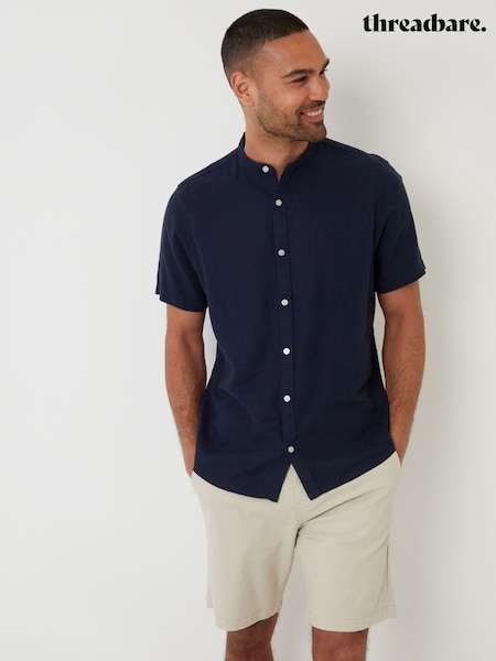 Threadbare Navy Grandad Collar Linen Blend Short Sleeve Shirt (F64733) | €34