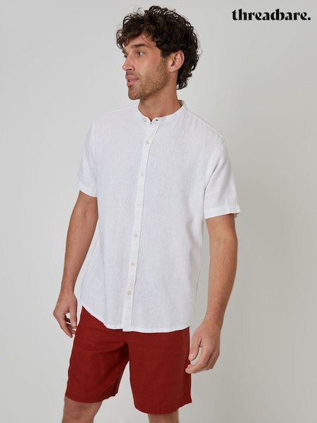 Threadbare White Grandad Collar Linen Blend Short Sleeve Shirt (F64736) | €32