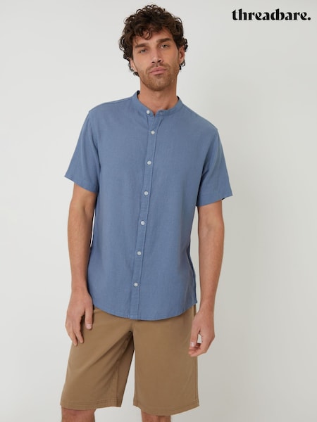 Threadbare Light Blue Grandad Collar Linen Blend Short Sleeve Shirt (F64738) | €34
