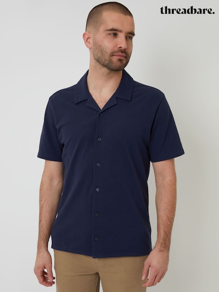 Threadbare Blue Jersey Pique Revere Collar Short Sleeve 100% Cotton Shirt (F64753) | €31