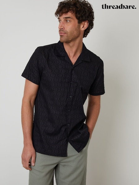 Negru - Threadbare 100% Cotton Textured Revere Collar Short Sleeve Shirt (F64766) | 179 LEI