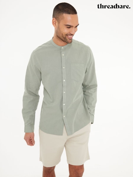 Threadbare Green Grandad Collar Linen Blend Long Sleeve Shirt (F64782) | €33