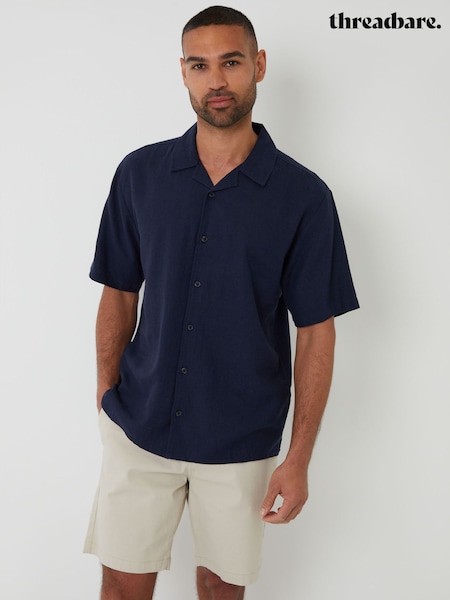 Threadbare Navy Linen Blend Revere Collar Short Sleeve Shirt (F64789) | €37