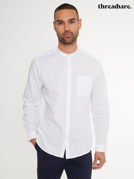 Threadbare White Grandad Collar Linen Blend Long Sleeve Shirt (F64791) | €35