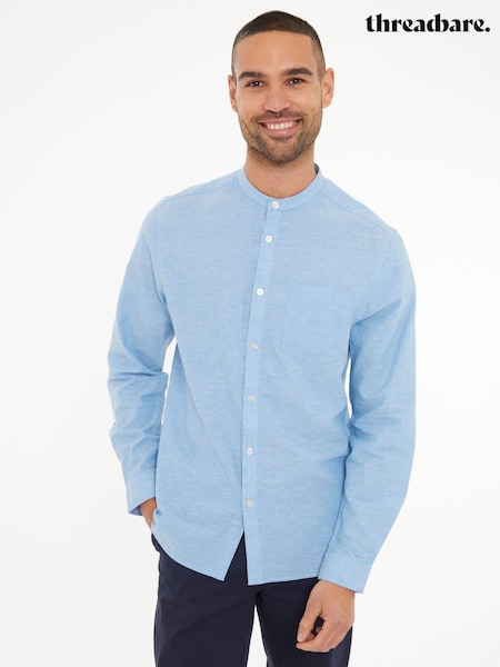 Threadbare Blue Grandad Collar Linen Blend Long Sleeve Shirt (F64801) | €33