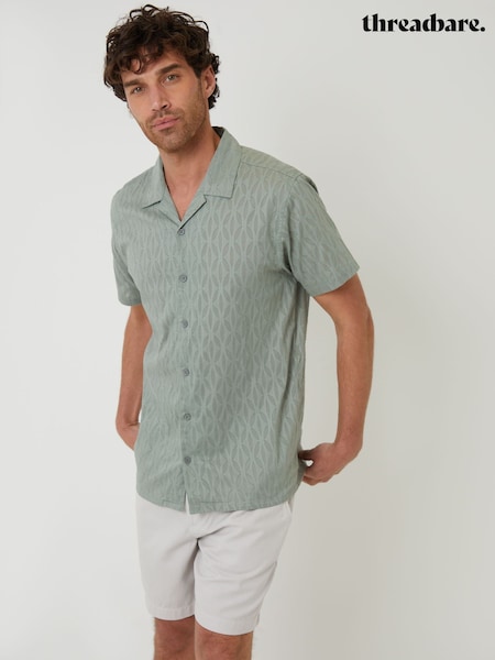 Threadbare Green 100% Cotton Pluck Textured Revere Collar Short Sleeve Shirt (F64807) | €34