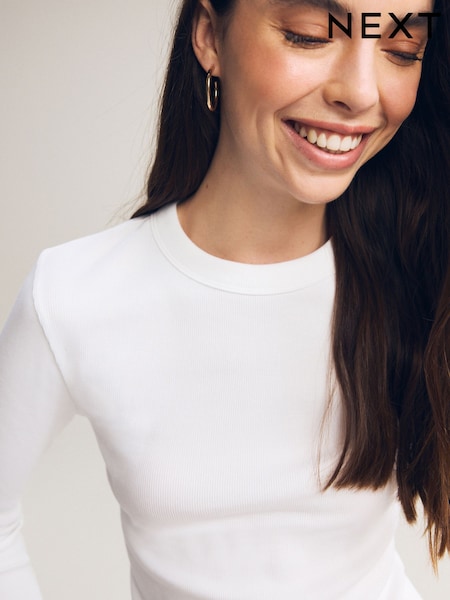 White Long Sleeve Ribbed Crew Neck Top (F65006) | 81 QAR