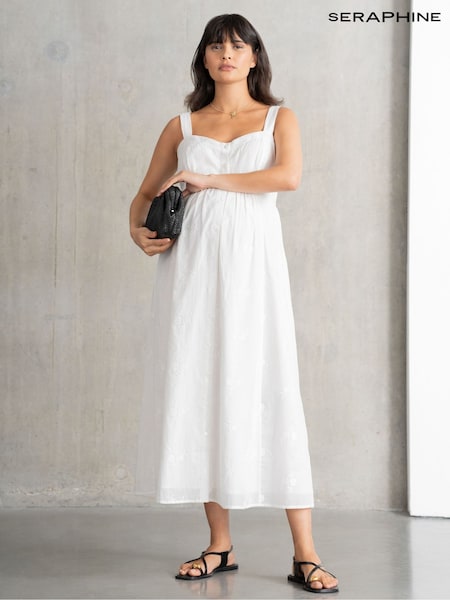 Seraphine Maternity V-Neck 100% Cotton White Dress (F65017) | R$ 880