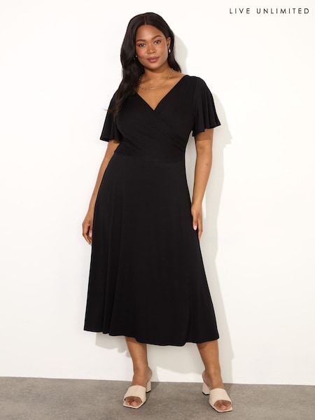 Live Unlimited Black Curve Jersey Flutter Sleeve Wrap Dress (F65106) | €75