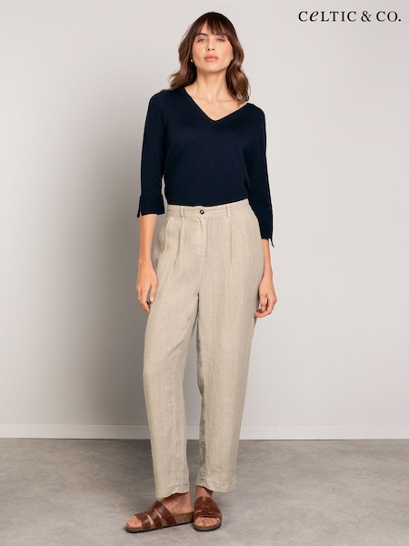 Celtic & Co. Natural Barrel Leg Pleat Detail 100% Linen Trousers (F65455) | $137