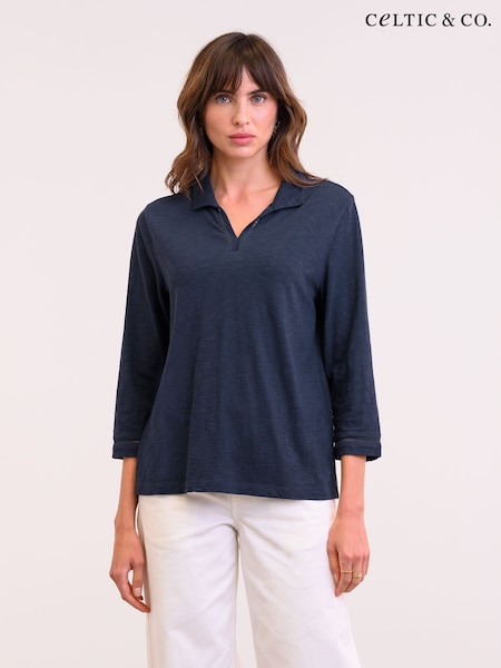Celtic & Co. Blue Slub Jersey Trim Detail Polo 100% Cotton Top (F65473) | 98 €