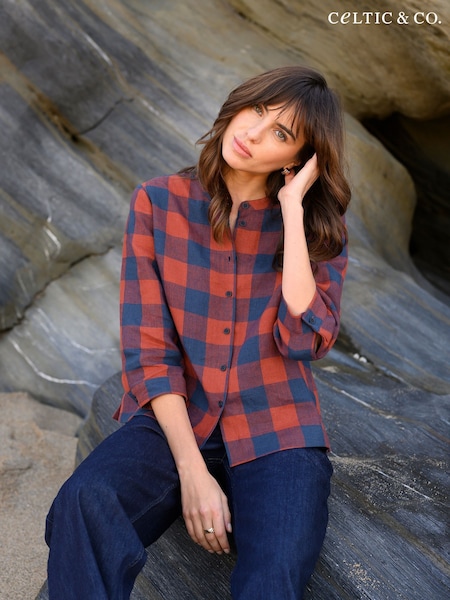 Celtic & Co. Red Check Swing 100% Linen Blouse (F65491) | ‏478‏₪