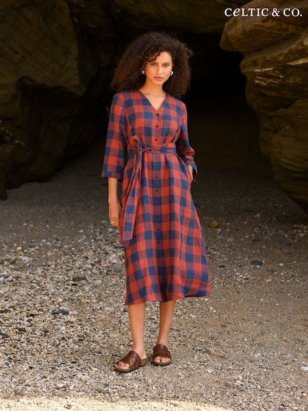 Celtic & Co. Red Chk Tie Front Midi Shirt 100% Linen Dress (F65497) | €95