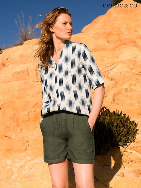 Albastru - Celtic & Co. Half Sleeve V-Neck 100% Linen Tunic (F65530) | 708 LEI