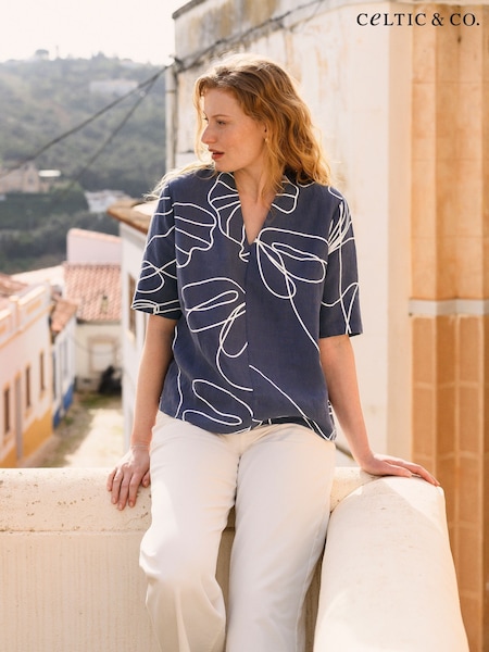 Bleumarin liniar Floral - Celtic & Co. Half Sleeve V-Neck 100% Linen Tunic (F65564) | 708 LEI