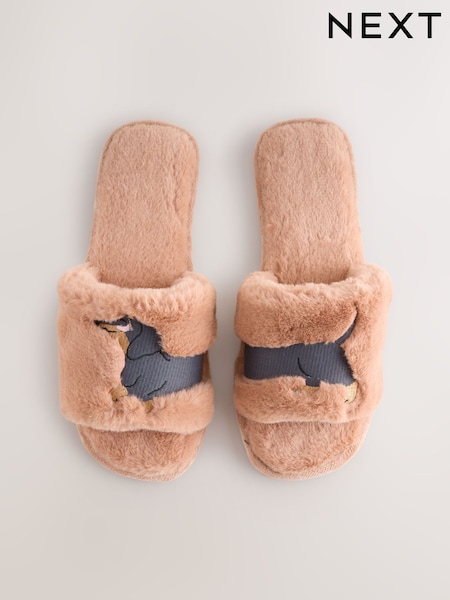 Peach Sausage Dog - Faux Fur Slider Slippers (F65741) | R$ 130