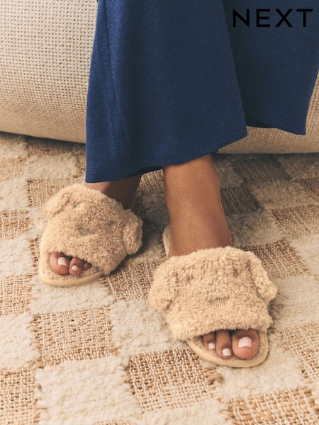 Brown Cockapoo Faux Fur Slider Slippers (F65748) | R$ 130