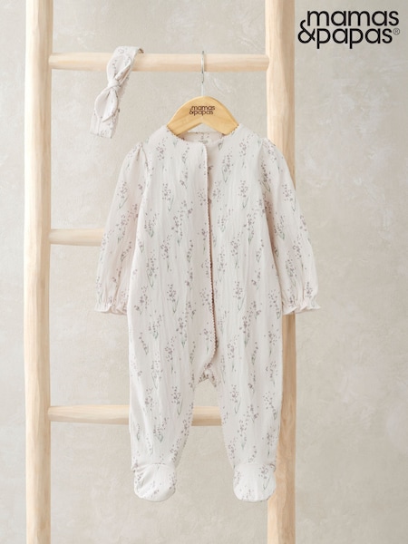 Mamas & Papas Cream Lavender Print Sleepsuit & Headband Set (F65749) | kr357