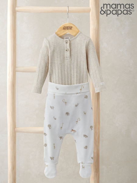 Mamas & Papas Cream 100% Cotton Rib Bodysuit And Safari Print Leggings Set (F65763) | 28 €