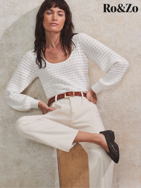 Ro&Zo White Pointelle Knit Round Neck Top (F65803) | €121