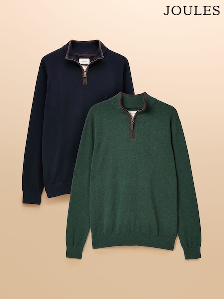 Joules Hillside Green/Navy 2 Pack Quarter Zip Knitted Jumpers (F65828) | €101.95
