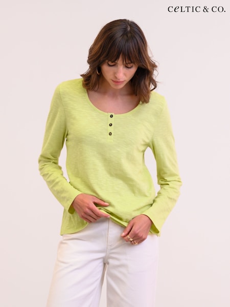Celtic & Co. Green Slub Jersey Scoop Neck Henley 100% Cotton Top (F65920) | ₪277
