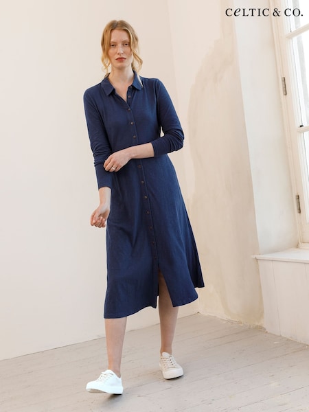כחול  - Celtic & Co. Slub 100% Cotton Jersey Shirt Dress (F65924) | ‏427‏₪