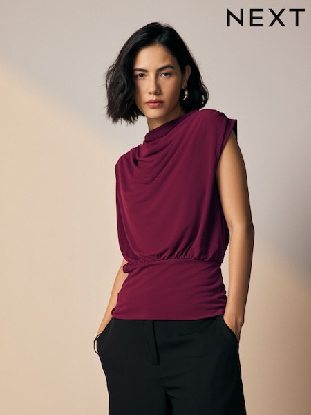 Berry Red High Neck Sleeveless Drape Cowl Top (F65940) | OMR15