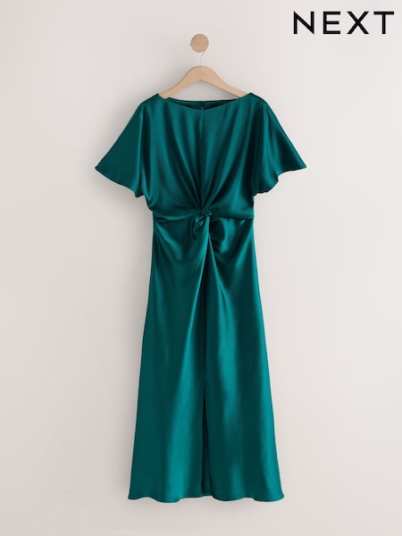 Emerald Green Textured Satin Short Sleeve Midi Dress (F66007) | AED193