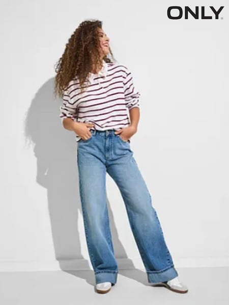ONLY Blue Ella Mid Waist Wide Leg Fold Up Jeans (F66009) | €45
