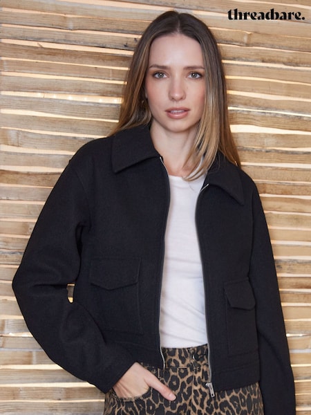 Threadbare Black Faux Wool Collared Harrington Jacket (F66081) | $78